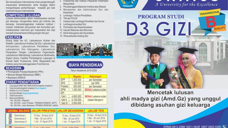 Informasi Penerimaan Mahasiswa Baru Program Studi D3 Gizi Unimus Tahun 2019/2020