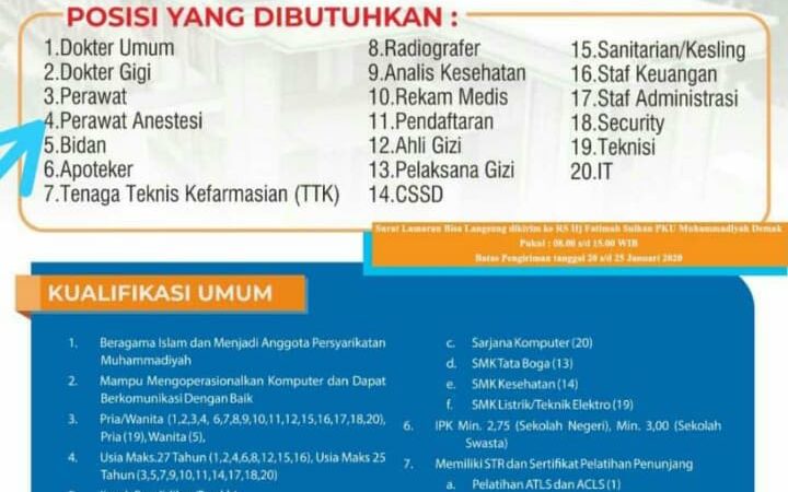 INFORMASI LOWONGAN PEKERJAAN DI RS HJ. FATIMAH SULHAN PKU MUHAMMADIYAH DEMAK JAWA TENGAH