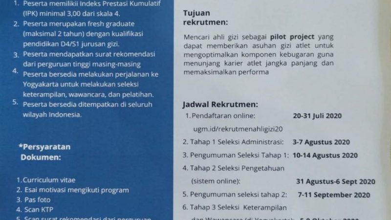 Informasi Lowongan Pekerjaan Ahli Gizi Sebagai Pilot Project Penelitan di UGM Yogyakarta