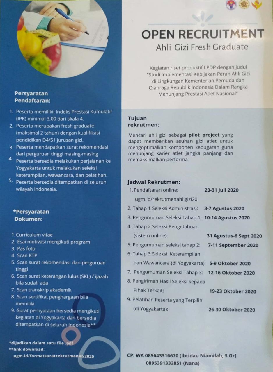 Informasi Lowongan Pekerjaan Ahli Gizi Sebagai Pilot Project Penelitan di UGM Yogyakarta