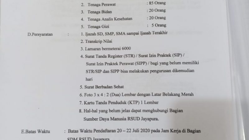 Informasi Rekruitmen Tenaga Kesehatan di RSUD Jayapura