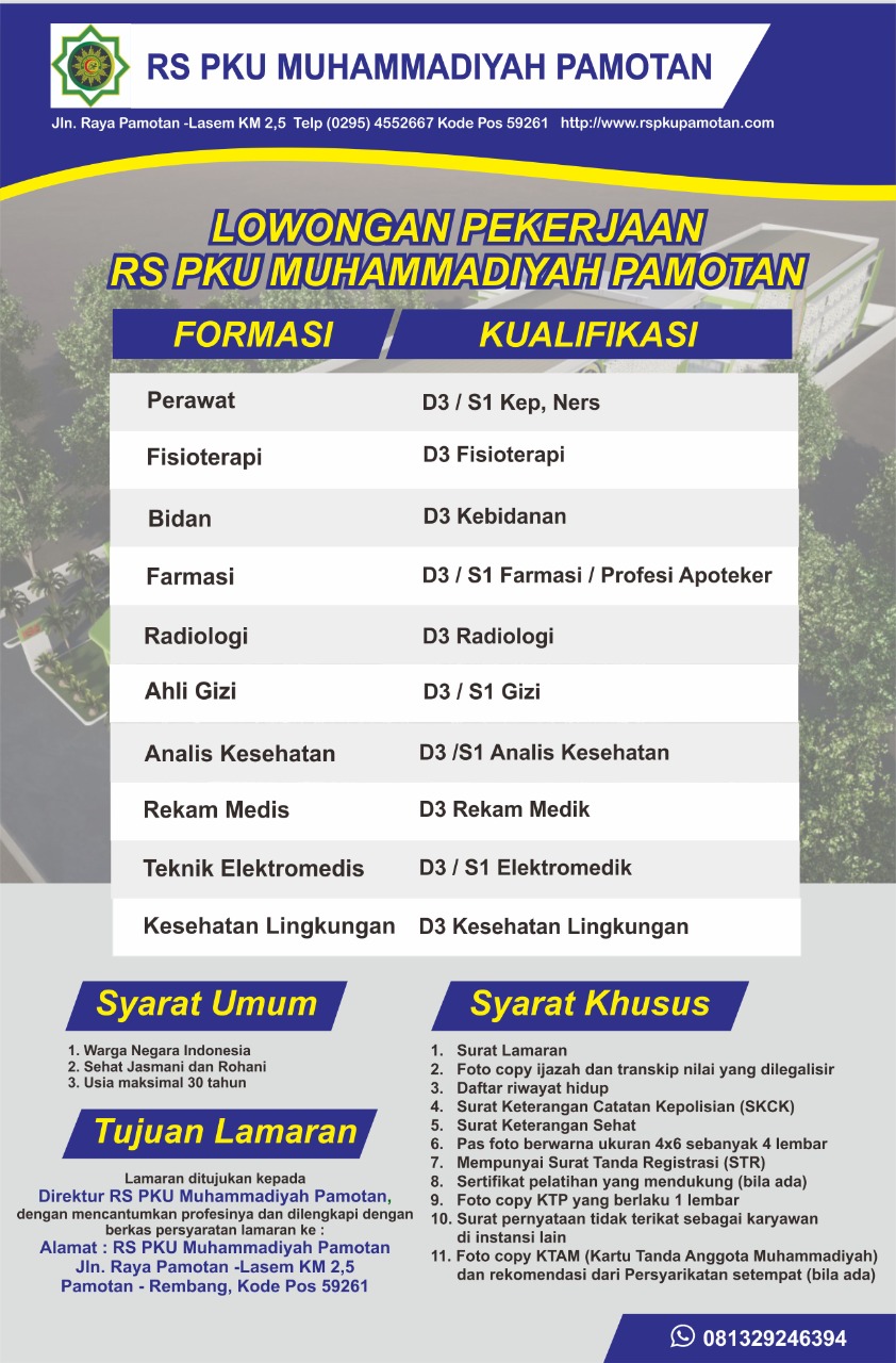 Informasi Rekrutmen Tenaga Kesehatan di RS PKU Muhammadiyah Pamotan, Lasem Rembang Jawa Tengah