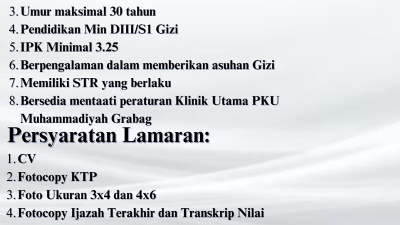 Informasi Lowongan Pekerjaan Ahli Gizi di Klinik Utama PKU Muhammadiyah Grabag Magelang