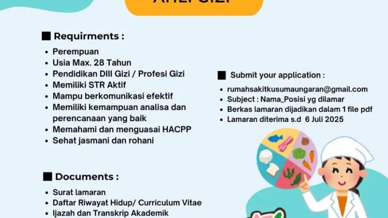 Informasi Rekrutmen Ahli Gizi di RS Kusuma Ungaran Kabupaten Semarang Jawa Tengah